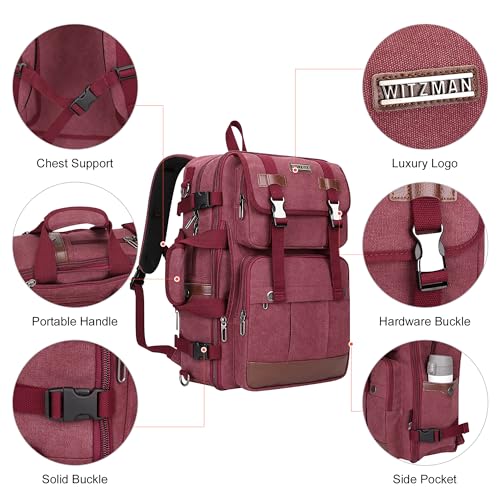 WITZMAN Canvas Travel Backpack for Men Large Laptop Backpack Fits 16 Inch | Expandable 32L to 42L, Carry-on Airline Approved Convertible Shoulder Rucksack, For Vacation, Overnight Trip, A6617 Red - color: Red