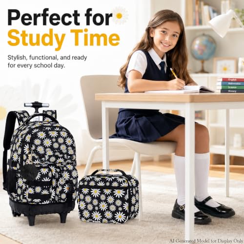 WZLVO 3PCS Wheeled Backpack, Water Resistance Girls Roller Bookbag with Wheels, Women Aesthetic Rolling School Bag Set with Lunch Bag & Pencil Bag for Teens & Kids - Black Chrysanthemum - color: 3pcs Girls Rolling Backpack - Black Chrysanthemum