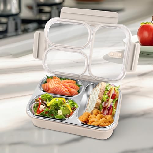 Stainless Steel Lunch Box, 3 Compartments Metal Bento Box for Kids, 25oz Lunch Container with Leakproof Lid, Divided Meal Prep Box for Adults, Kids - Ideal for Office, School, Healthy Eating - color: Cream Beige