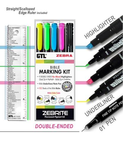 G.T. Luscombe Company, Inc. Zebrite Bible Marking Kit | No Bleed Pigmented Ink | No Fading or Smearing | Double Ended Highlighters, Note Pen & Books of the Bible Ruler/Bookmark (Set of 5 + Ruler)