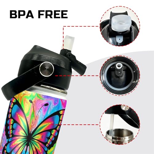 Butterfly Kids Water Bottle 12oz Stainless Steel Insulated Bottle Vacuum Leak Proof Straw Lid with Double Wall BPA Free School (Color3) - color: Color3