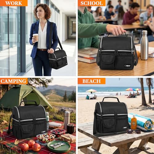opux Insulated Lunch Bag Women Men, Dual Compartment Leakproof Lunch Box Adults Kids, Double Decker Meal Prep Bento Lunch Cooler Tote with Shoulder Strap for Work Office School Travel, Black - color: Black