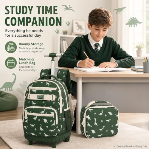 HPJGD 3PCS Dinosaur Roller Backpack for Boys, Kids Rolling Bookbag, Water Resistant Wheeled School Bag Set with Lunch Box - color: Green Dinosaur Rolling Set