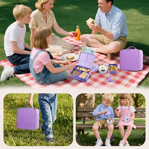 Bento Lunch Box for Kids with Thermo, Leakproof Bento Box with 8oz Insulated Food Jar, Lunch Bag, BPA Free Dishwasher Safe 4 Compartment Container for School Girls Boys (Purple) - color: Purple1