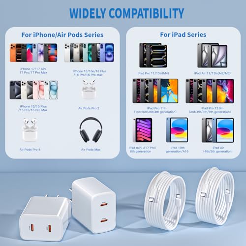 45W Apple 17 16 15 Fast USB C Charge Block, 2-Pack Apple Charger Plug & 10FT Long USB C Cable Cords,iPhone 17 Charger Fast Charging,Compatible with iPhone 17/16/15/Air/Pro/Pro Max/e/Plus/iPad/AirPods