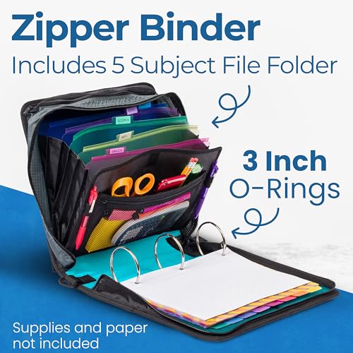 Case-it Mighty Zip Tab School Zipper Binder | 3-Inch O-Rings, 600-Sheet Capacity, 5-Subject Expanding File Folder, Multiple Pockets & Storage Organizer, Shoulder Strap | D-146 Spearmint | 6 Pack - color: C Spearmint Blue, size: 6 Pack