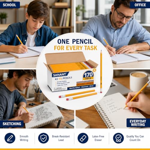 Wood-Cased #2 HB Yellow Pre-Sharpened Pencils with Top Erasers 170 Pack | Pre-Sharpened, HB Lead, Drawing and Sketching, Bulk Yellow Pencils for Classroom School Teacher Supplies, Back to School