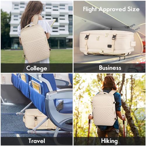 MOMUVO Large Travel Backpack Women, Flight Approved Carry On Backpack, Water Resistant Anti-Theft Large Casual Daypack Fit 17 Inch Laptop with USB Charging Port, Beige - color: Beige, size: 17.3 inch
