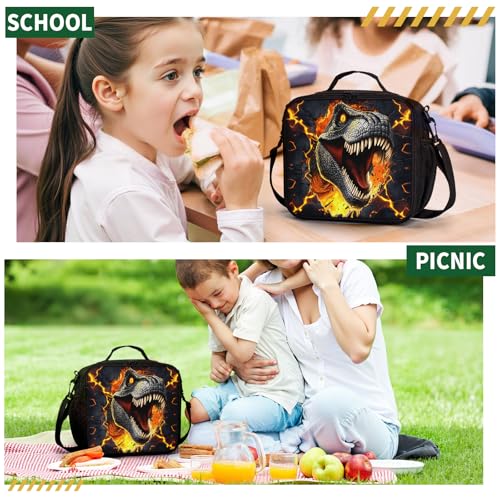 Dinosaur Lunch Box with Shoulder Strap for Kids T-rex Out of Lava Lunch Boxes for Boys Girls Durable Insulated Lunch Cooler Bag Thermal Meal Tote for School Picnic - color: A-T-rex