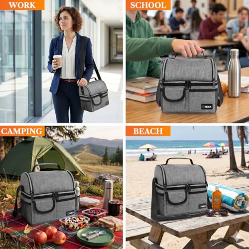 opux Insulated Lunch Bag Women Men, Dual Compartment Leakproof Lunch Box Adults Kids, Double Decker Meal Prep Bento Lunch Cooler Tote with Shoulder Strap for Work Office School Travel, Gray - color: Heather Gray