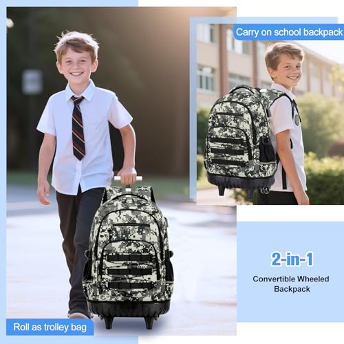 ACESAK Camo Rolling Backpack Boys, Tactical Kids Backpack Boys, Kids Suitcase for Boy Teens Elementary Middle High School, Military Backpack with Wheels and Lunch Bag Pencil Case Set (Camo Green) - color: Camo Green