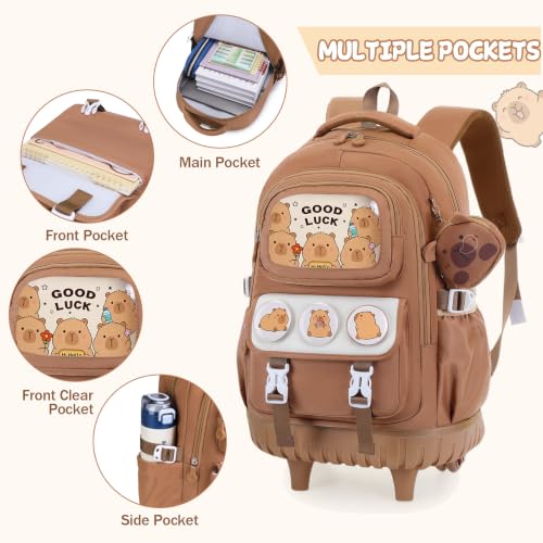 Capybara Rolling Backpack for Girls - 3PCS Girls Backpack Kids Suitcase with Lunch Box & Pencil Case Travel - Capybara Backpack with Wheels for Kindergarten Preschool Elementary (Brown) - color: Brown