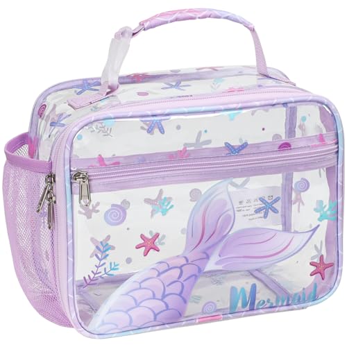 Bagseri Clear Kids Lunch Bag - School Snack Bag with Bottle Holder | Side Pocket, Buckle Handle, Wide Opening, PEVA Lining, School Girls Lunch Box, Clear Toy Bags, Purple Mermaid - color: B-purple mermaid tail