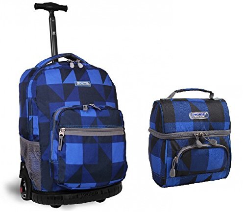J World Combo Rolling Backpack & Lunch Bag Back to School Bundle Set Sunrise / Corey, Block Navy