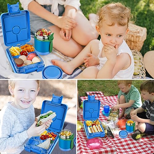 Bento Lunch Box Set for Kids with 10oz Soup Thermo, Leak-Proof Lunch Containers with 4 Compartment, Thermo Hot Food Jar and Insulated Lunch Bag for Kids to School,BPA-Free(Blue) - color: Blue