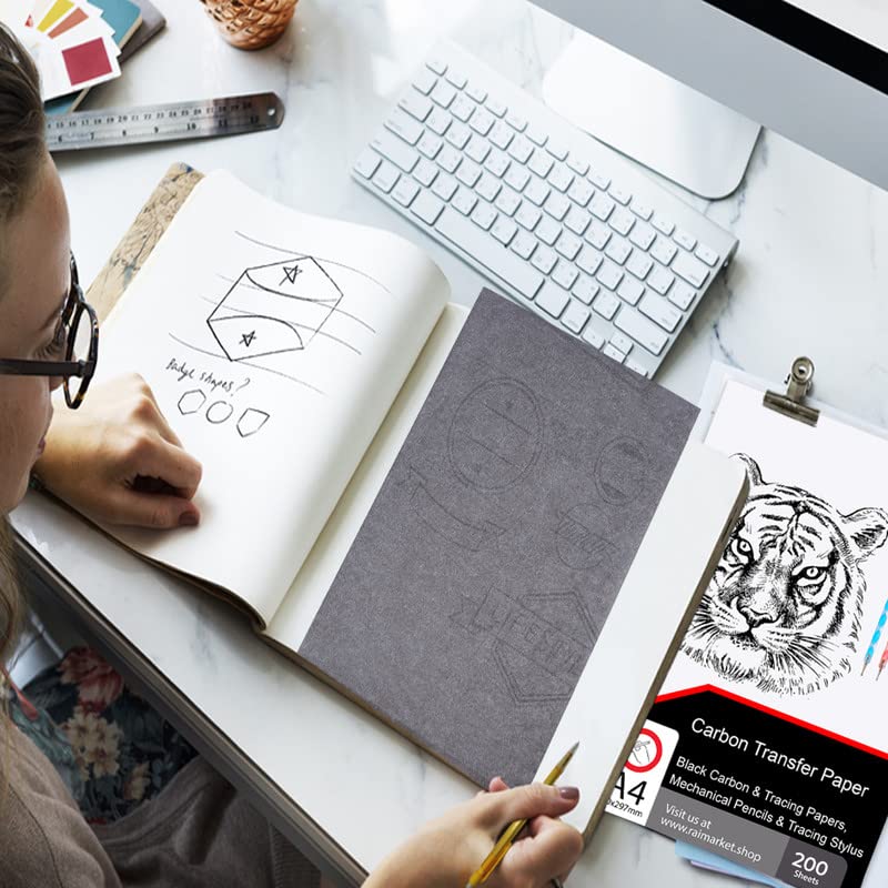 200 Sheets Black Carbon Paper for Tracing On Fabric | Carbon Paper for Tracing on Wood & Canvas, Tracing Paper for Drawing Sewing Patterns, 5 Stylus, A4 Size (9 X 13) Graphite Transfer Paper