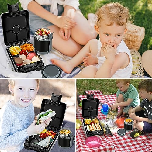 Bento Lunch Box Set for Kids with 10oz Soup Thermo, Leak-Proof Lunch Containers with 4 Compartment, Kids Thermo Hot Food Jar and Insulated Lunch Bag for Kid to School,BPA-Free(Black) - color: Black