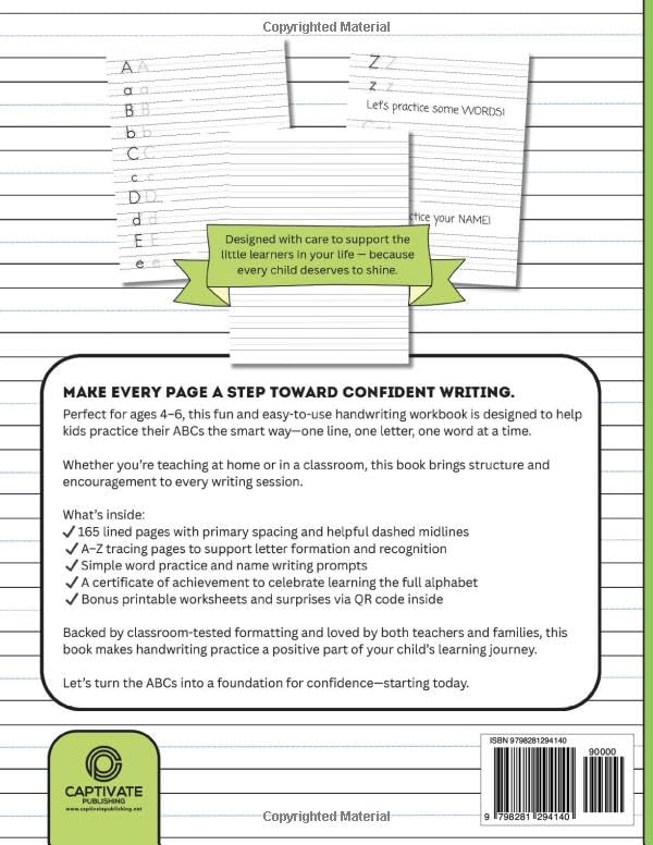 ABC Handwriting Paper for Kids: ABC Tracing Workbook with Dashed Midlines: 170+ Practice Pages for Ages 4–6 | Primary Ruled Writing Notebook for Preschool & Kindergarten