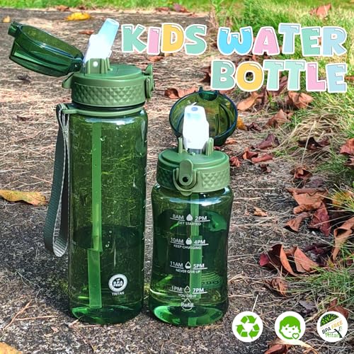 OLDLEY 12oz Kids Water Bottle, Tritan BPA-Free, Leakproof Flip Straw Lid, Motivational Time Marker, Carry Strap, Reusable Clear Water Bottle for Boys & Girls,Jade - color: Jade, style: 12 Ounces