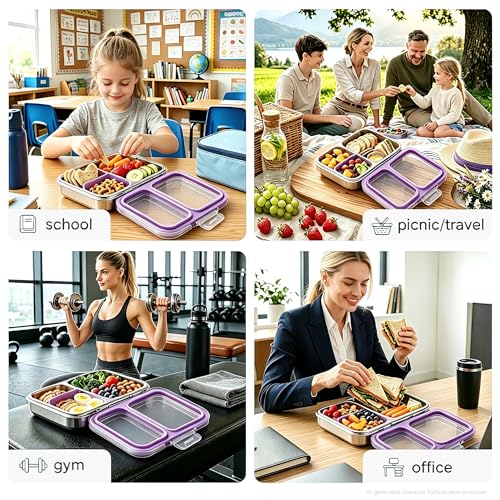 Leak-Resistant 18/8 Stainless Steel Bento Lunch Box Kids 7+ and Adults | 2 Swappable Style Accessories, BPA-Free Tritan Lid, Dishwasher Safe, School, Office & Travel - color: Purple