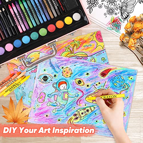 Soucolor 183 Art Set Drawing Painting Kit,Crayons Pastels Markers,Kids Gift | Crayons, Pastels, Markers, Pencils, Watercolors, Sketch Paper — Wooden Case, Non-Toxic, Birthday Gift. - style: Pink