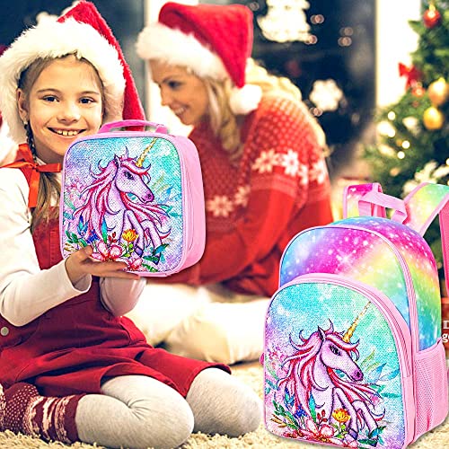 gxtvo 3PCS Girls Backpack, 16" Sequin Prechool Elementary Bookbag and Lunch Box - color: Unicorn Pink02