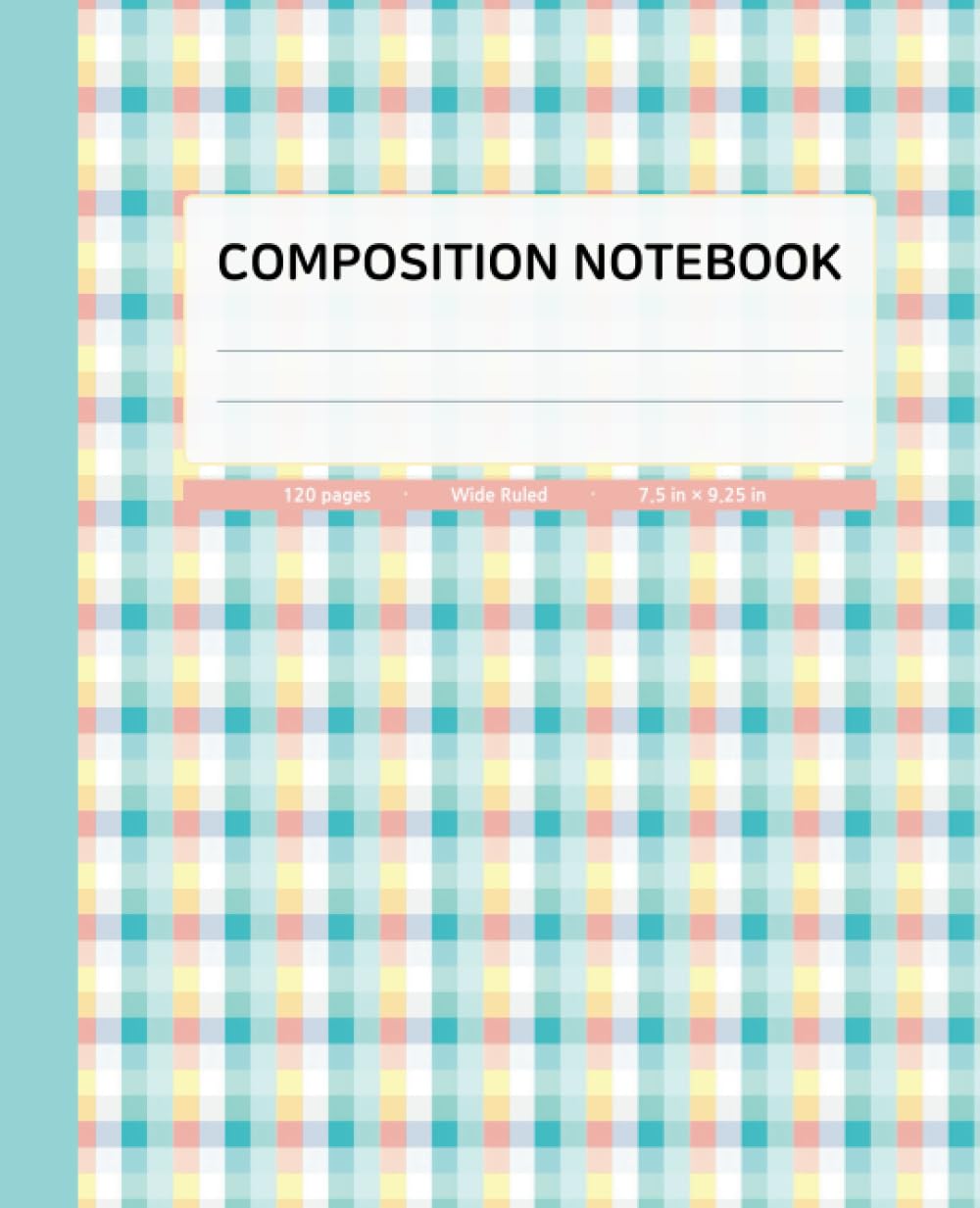 Composition Notebook Wide Ruled | Checkered Pattern with Coral Blue Spine Color | 120 Pages, 7.5x9.25 inches