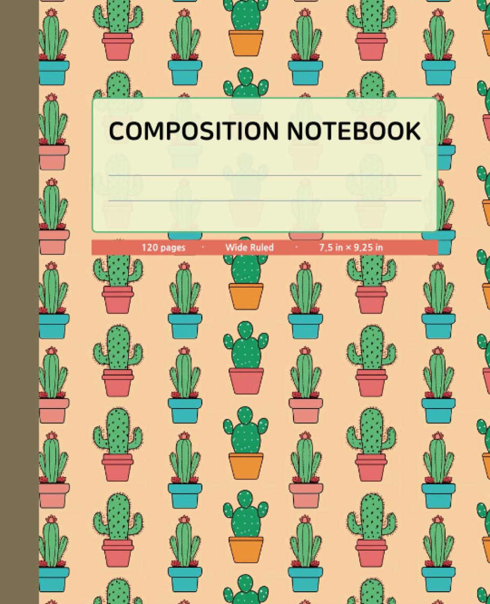 Composition Notebook Wide Ruled | Cactus illustration with Brownish Grey Spine Color | 120 Pages, 7.5x9.25 inches
