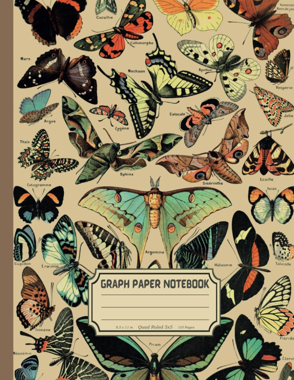 Graph Paper Notebook Quad-Ruled 8.5x11: Butterfly Moth Vintage Illustration Grid Paper Notebook for Math, Science, Planning, Designing, and Sketching | 5 Squares per Inch