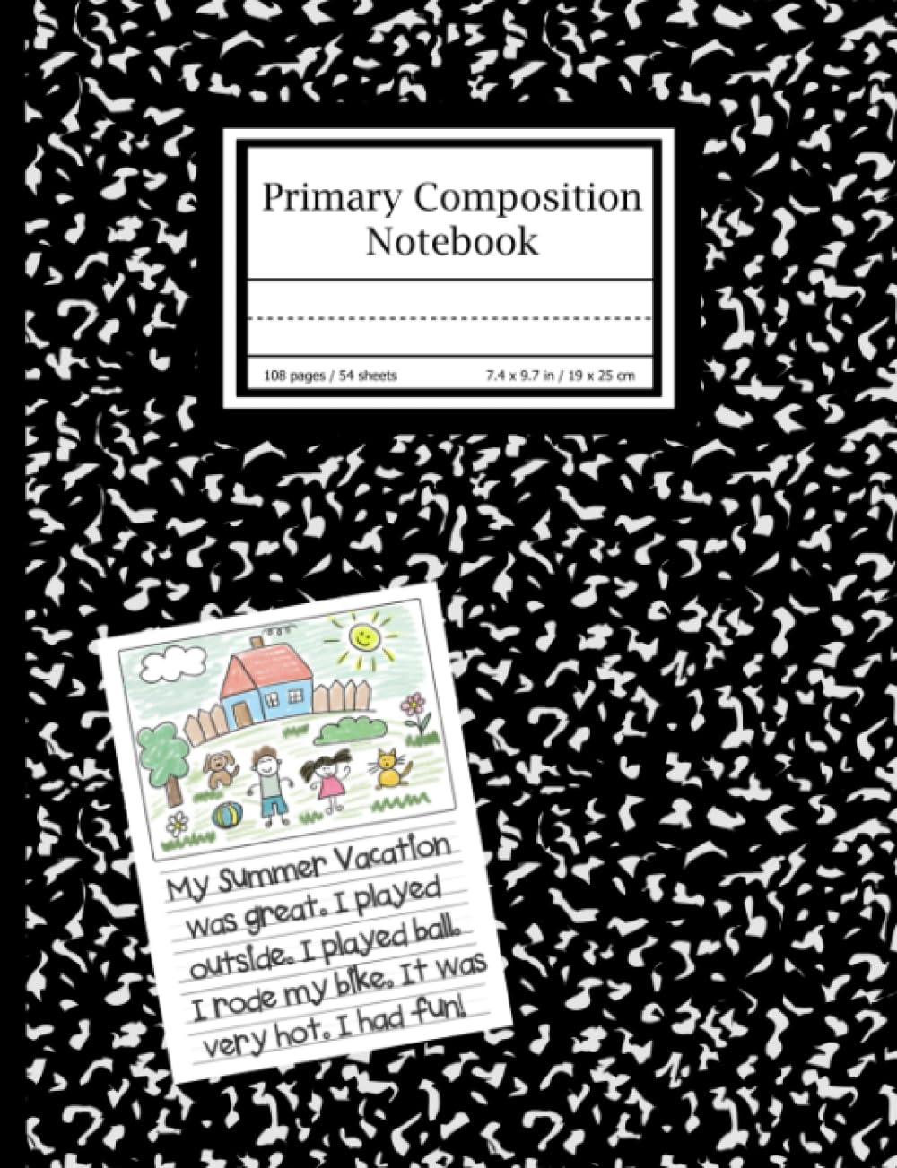 Primary Composition Notebook: Black Marble Write and Draw Journal for Grades K-2 With Dotted Midline and Picture Space