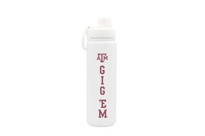 Texas A&M Water Bottle - White Double Walled Stainless Steel 24 oz Keeps Drinks Cold or Hot - color: Texas A&M Gig Em - White