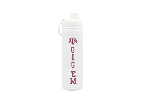 Texas A&M Water Bottle - White Double Walled Stainless Steel 24 oz Keeps Drinks Cold or Hot - color: Texas A&M Gig Em - White