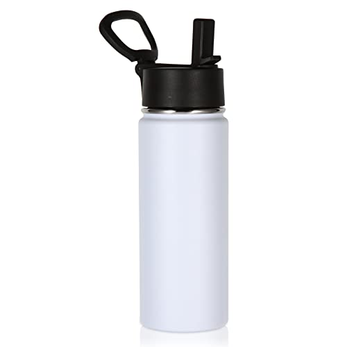 Volhoply 18oz Kids Insulated Water Bottle,Stainless Steel Water Bottles with Straw Lid,Wide Mouth Reusable Metal Water Bottle,Double Wall Vacuum Sports Travel Flask For Cold Drink(White,1 Set) - color: White