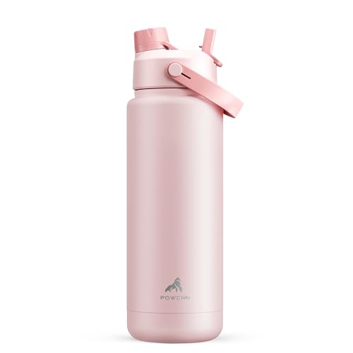 POWCAN 32 oz Insulated Water Bottle with 2-in-1 Straw and Spout Lid, Keep Cold 24H, Leak-Proof, BPA-Free, Double Wall Stainless Steel Water Bottle for Sports, Gym, Travel, and School (Cotton Candy) - color: Cotton Candy, size: 32 Ounces