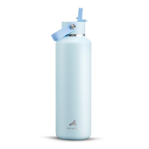POWCAN 24 oz Insulated Travel Water Bottle for: Leakproof, BPA-Free, Top Handle, Stainless Steel Water Bottle with Straw for School, Outdoors, Camping, Sport, Hiking, Biking, Playground (Sea Breeze) - color: Sea Breeze, size: 24 Ounces