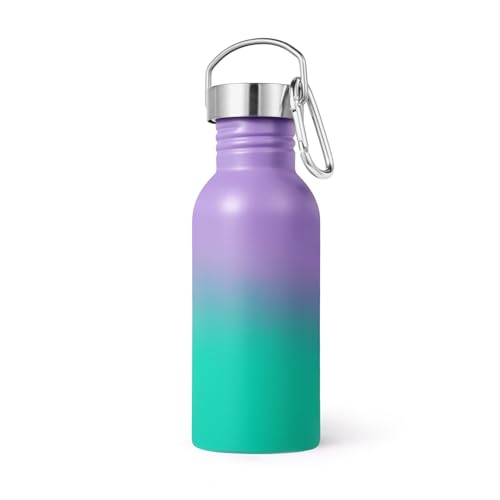 Volhoply 20oz Uninsulated Single Walled Water Bottle, Stainless Steel Reusable Water Bottles with Handle & Carabiner, BPA Free 18/8 304 Sports Water Bottles for Camping Hiking（Purple Green,1） - color: Purple Green