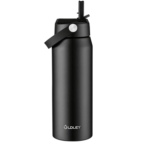 Oldley 24oz Insulated Water Bottle with Straw, Stainless Steel Water Bottle for Sports, Travel, School, BPA-Free Sports Bottles for Adult Kids, Leak-Proof, Black - color: Black, size: 24 Ounces