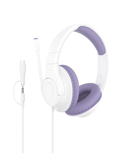 Belkin SoundForm Inspire Wired Over-Ear Headset for Kids, Online Learning & Travel w/Built-in Boom Mic, 85dB Safe Volume Limit - USB-C & 3.5mm - Compatible w/iPhone, iPad, Galaxy & More - Lavender - color: Lavender, style: Wired