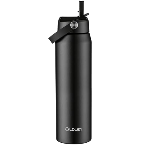 Oldley 32oz Insulated Water Bottle with Straw, Stainless Steel Water Bottle for Sports, Travel, School, BPA-Free Sports Bottles for Adult Kids, Leak-Proof, Black - color: Black, size: 32 Ounces
