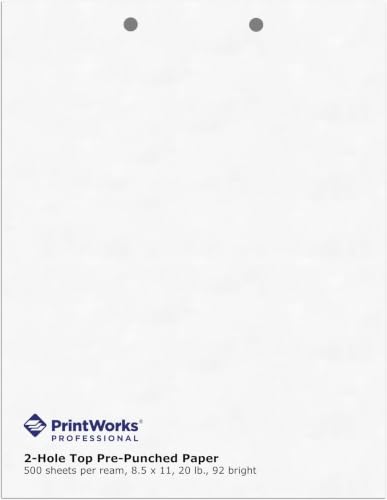 PrintWorks Professional 2 Hole Punch Top Paper - Pre-Punched for Folders, Binders, & Clipboards - Made in the USA - 500 Sheets - 8.5" x 11" - 20 lb - 92 Bright White (04110) (Pack of 5) - color: 2-Hole Top, White, size: 2-Hole Top Punched (Pack of 5)