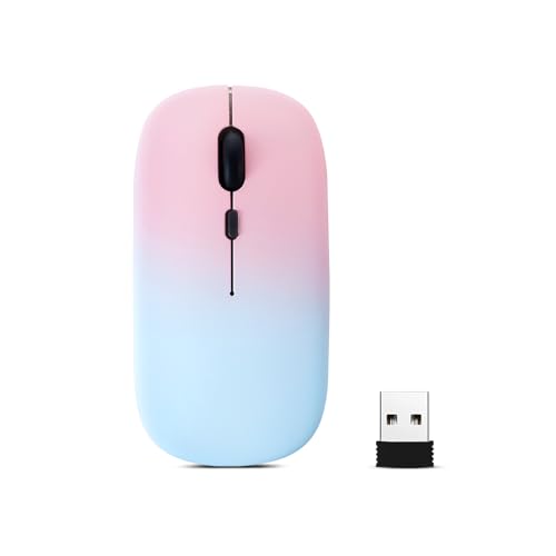 LED Wireless Mouse, Slim Silent Dual-Mode 2.4G+BT Rechargable 7-Color Portable Mobile Optical Office Mouse with USB Receiver, 3 Adjustable Levels for Notebook, PC,Computer, MacBook (Gradient pink) - color: Gradient pink