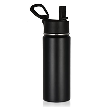 Volhoply 18oz Kids Insulated Water Bottle,Stainless Steel Water Bottles with Straw Lid,Double Wall Vacuum Reusable Metal Water Bottle,Wide Mouth Sports Water Flask For Cold Drink(Black,1 Set) - color: Black