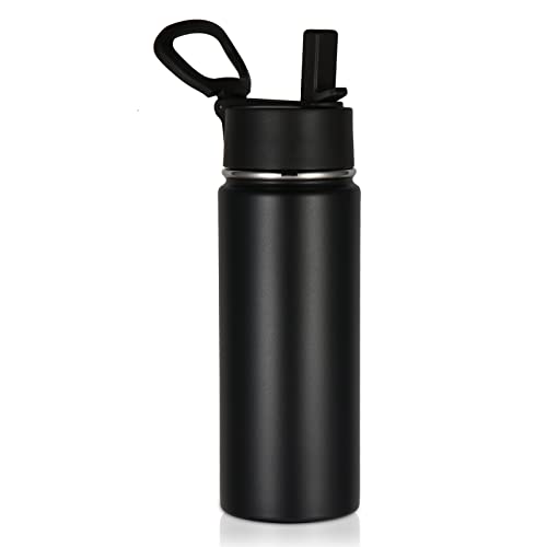 Volhoply 18oz Kids Insulated Water Bottle,Stainless Steel Water Bottles with Straw Lid,Double Wall Vacuum Reusable Metal Water Bottle,Wide Mouth Sports Water Flask For Cold Drink(Black,1 Set) - color: Black