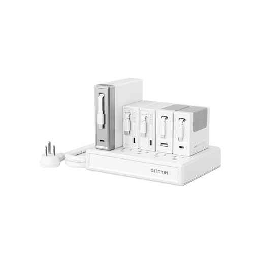 Gitryin Laptop Charging Station, 140W, 2 * 65W, 2 * 40W Retractable Lightning, Micro USB, USB C Chargers, 1 Lightning, 1 Micro USB, 1 USB A, 7 Type C Ports with Cooling Power Strip, 350W Charging Hub