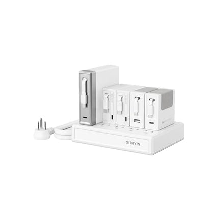 Gitryin Laptop Charging Station, 140W, 2 * 65W, 2 * 40W Retractable Lightning, Micro USB, USB C Chargers, 1 Lightning, 1 Micro USB, 1 USB A, 7 Type C Ports with Cooling Power Strip, 350W Charging Hub