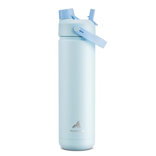 POWCAN 26 oz Insulated Water Bottle with 2-in-1 Straw and Spout Lid, Keep Cold 24H, Leak-Proof, Fits in Car Cup Holder, Stainless Steel Water Bottle for Sports, Travel, and School (Sea Breeze) - color: Sea Breeze, size: 26 Ounces