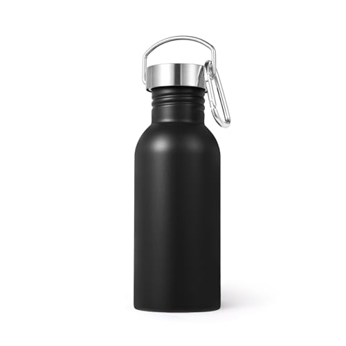 Volhoply 20oz Uninsulated Single Walled Water Bottle, Stainless Steel Reusable Water Bottles with Handle & Carabiner, BPA Free 18/8 304 Sports Water Bottles for Camping Hiking（Black,1） - color: Black
