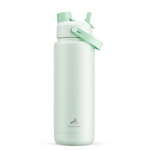 POWCAN 32 oz Insulated Water Bottle with 2-in-1 Straw and Spout Lid, Keep Cold 24H, Leak-Proof, BPA-Free, Double Wall Stainless Steel Water Bottle for Sports, Gym, Travel, and School (Mint) - color: Mint, size: 32 Ounces