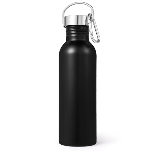 Volhoply 26oz Uninsulated Single Walled Water Bottle, Stainless Steel Reusable Water Bottles with Handle & Carabiner, BPA Free Wide Mouth Water Bottles for Gym Sports Camping（Black,1） - color: Black