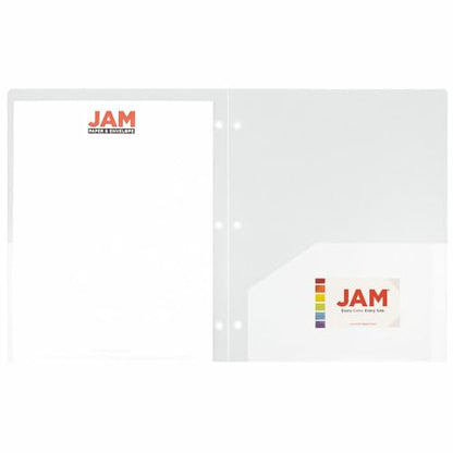 JAM PAPER Heavy Duty Plastic 3 Hole Punch Pocket Folders - Extra Tough School Folders - Clear - 3/Pack - color: Clear, size: 3 Per Pack